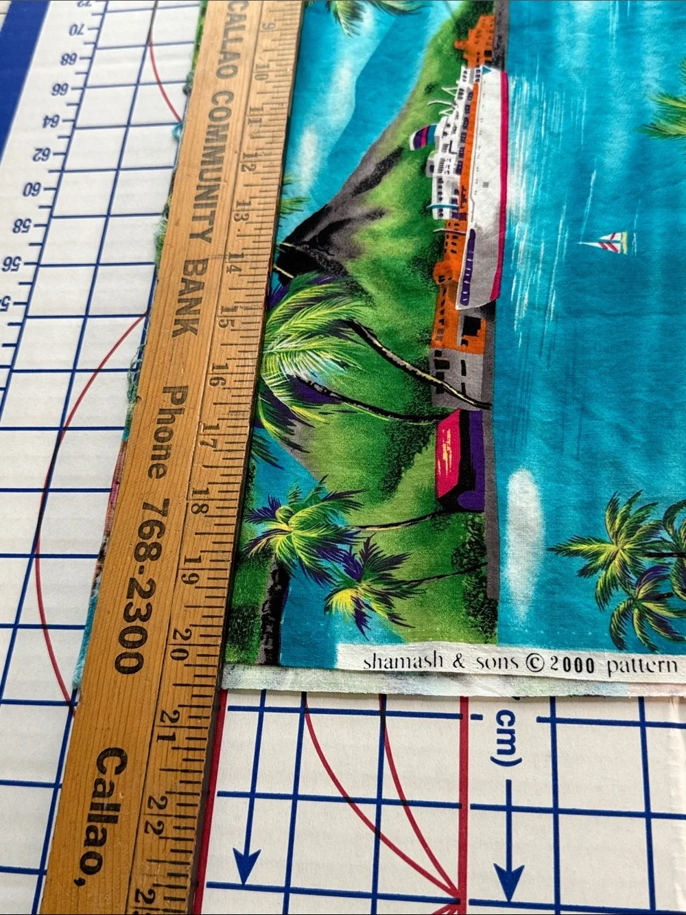 Vintage Tropical Island Scenic Fabric 1¾ Yards Palm Trees Sailboats Caribbean